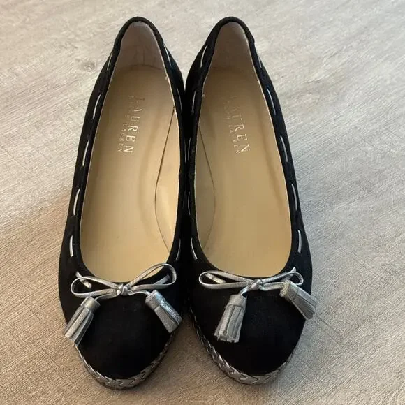 Ralph Lauren Cambree Suede Metallic Espadrilles Wedges Black Size 6.5 - Picture 2 of 6